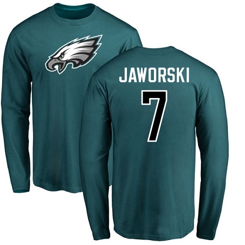 Men Philadelphia Eagles #7 Ron Jaworski Green Name and Number Logo Long Sleeve NFL T Shirt->philadelphia eagles->NFL Jersey